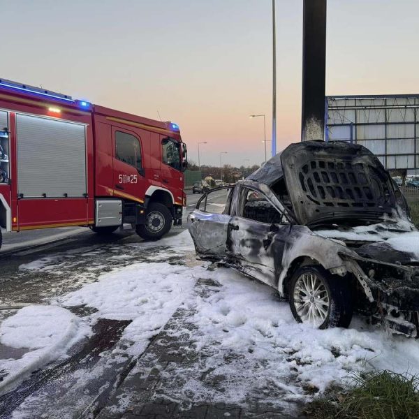 Auto w płomieniach, kierowca spłonął